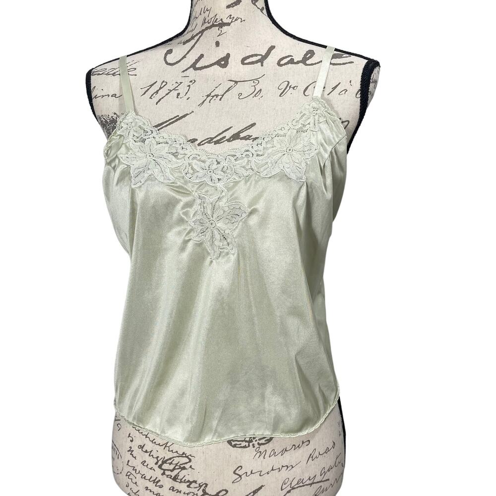 Vintage 70s Sears Lace Satin Camisole Top Light Green Women's Size 36 Romantic